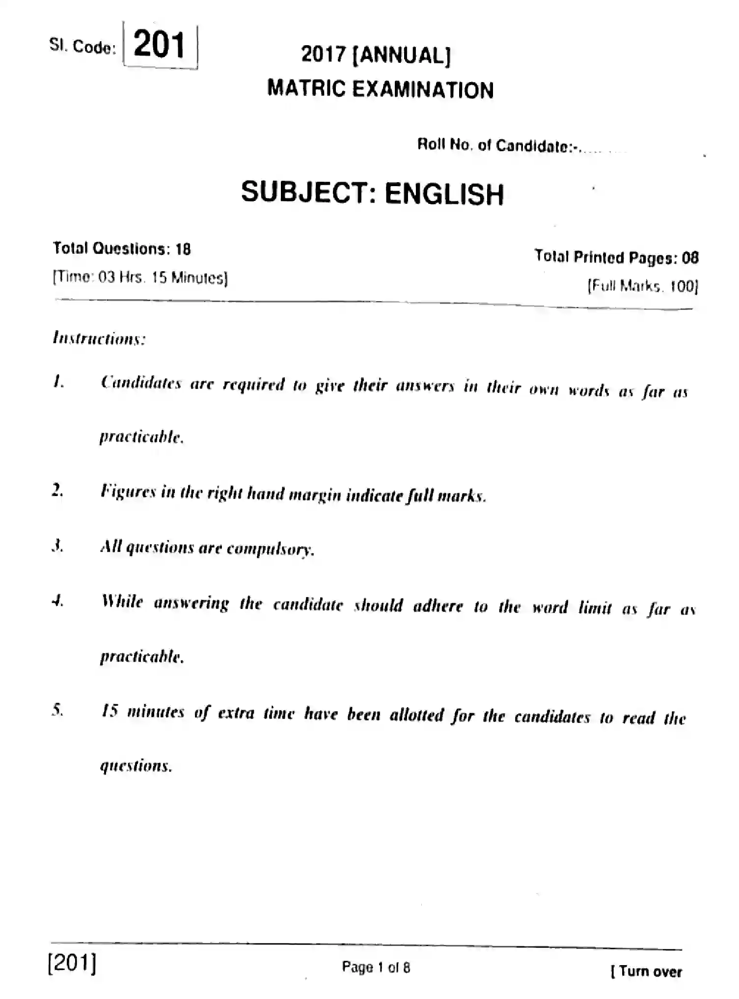 Bihar Board Class 10 2017 ENGLISH-201 Finals - Page 1