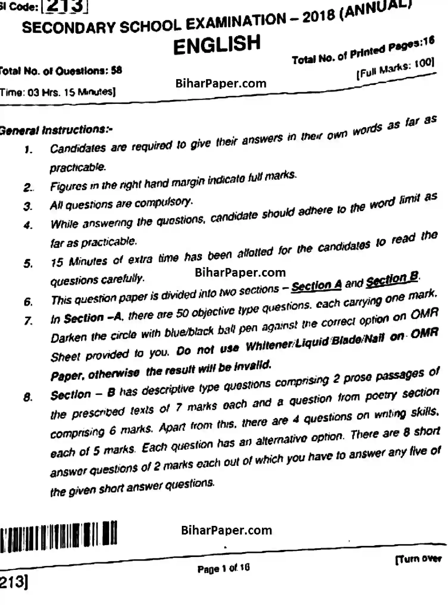 Bihar Board Class 10 2018 ENGLISH-213 Finals - Page 1