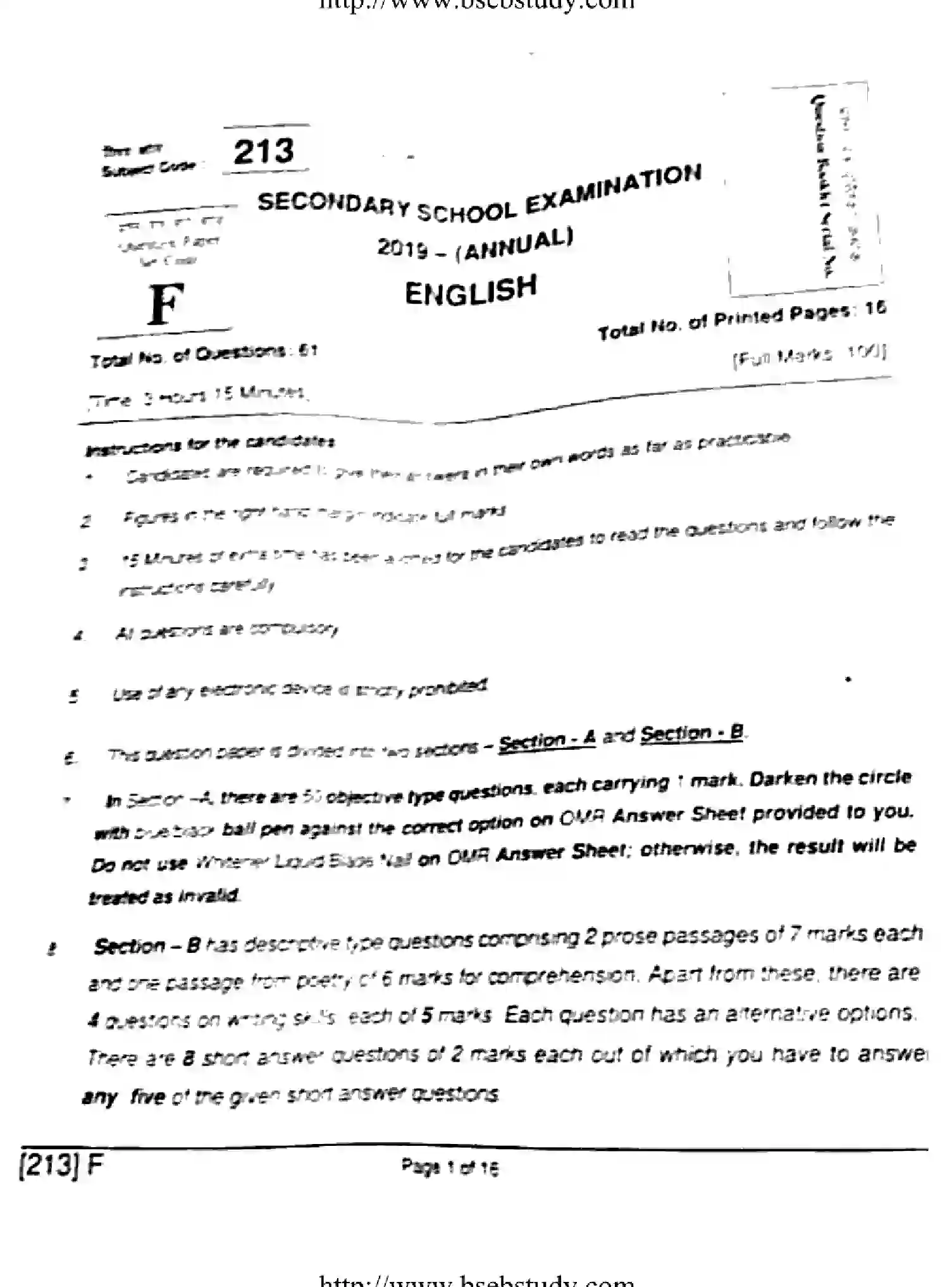 Bihar Board Class 10 2019 ENGLISH-213-F Finals - Page 1