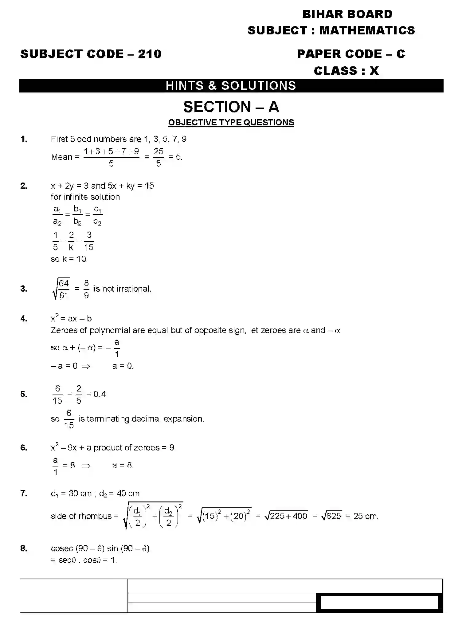 Bihar Board Class 10 2019 MATHEMATICS-C-210 Finals - Page 1