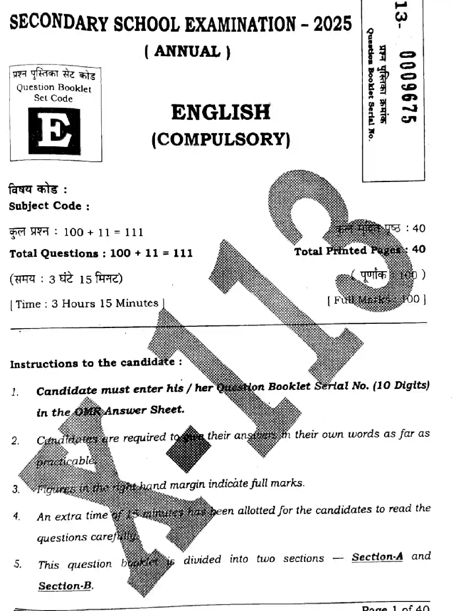 Bihar Board Class 10 2025 ENGLISH-113-SET-E Finals - Page 1