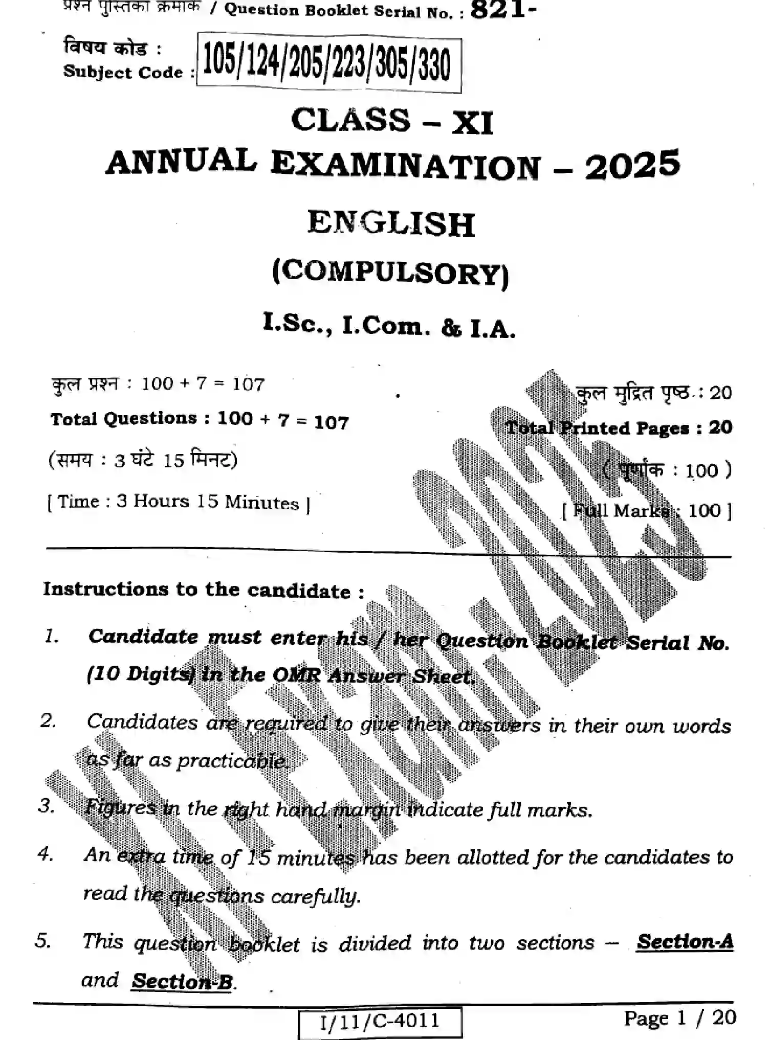 Bihar Board Class 11 2025 ENGLISH-105-124-205-223-305-330 Finals - Page 1