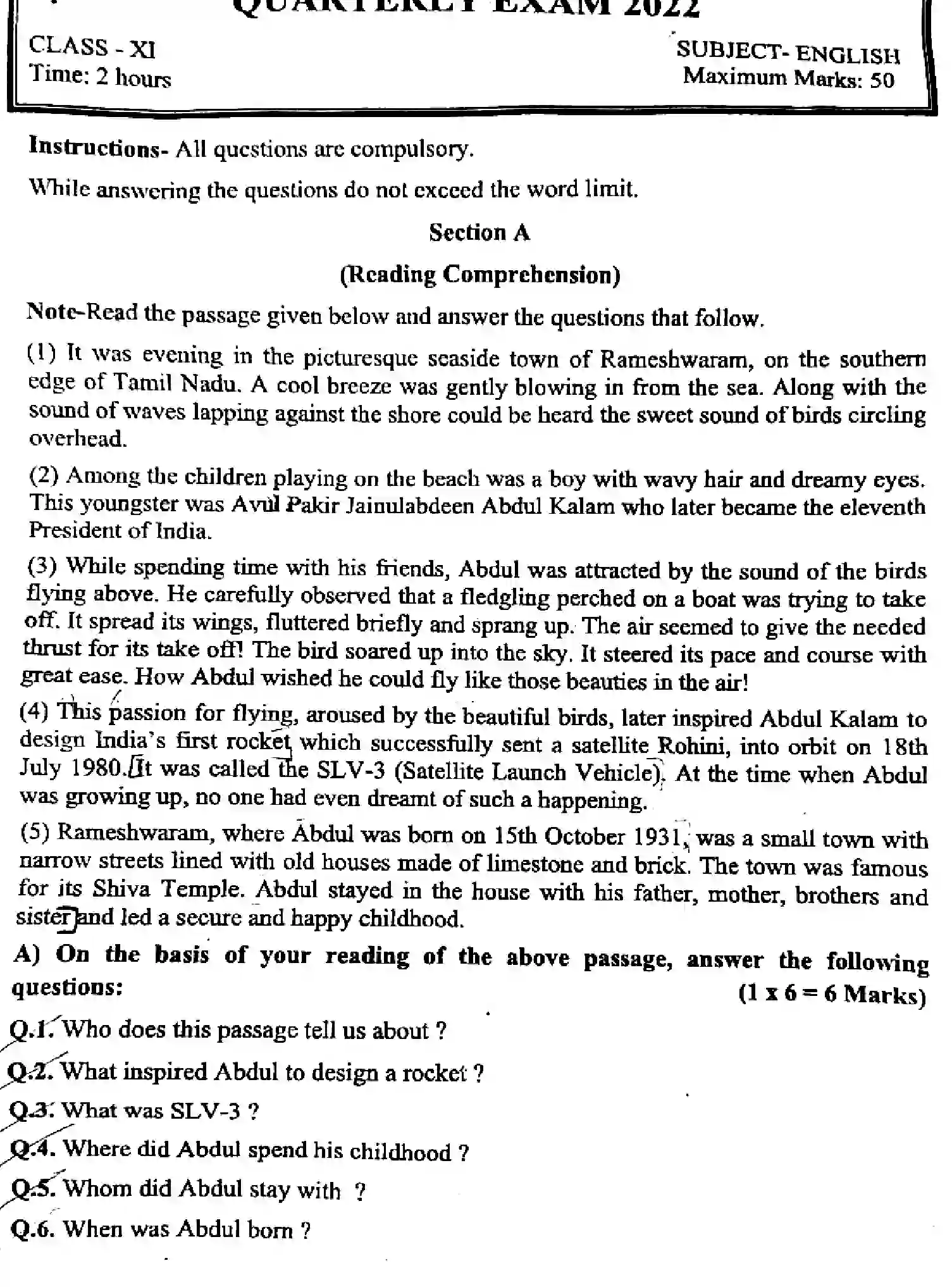 Bihar Board Class 11 2022 QTR-ENGLISH-090123 Half Yearly - Page 1