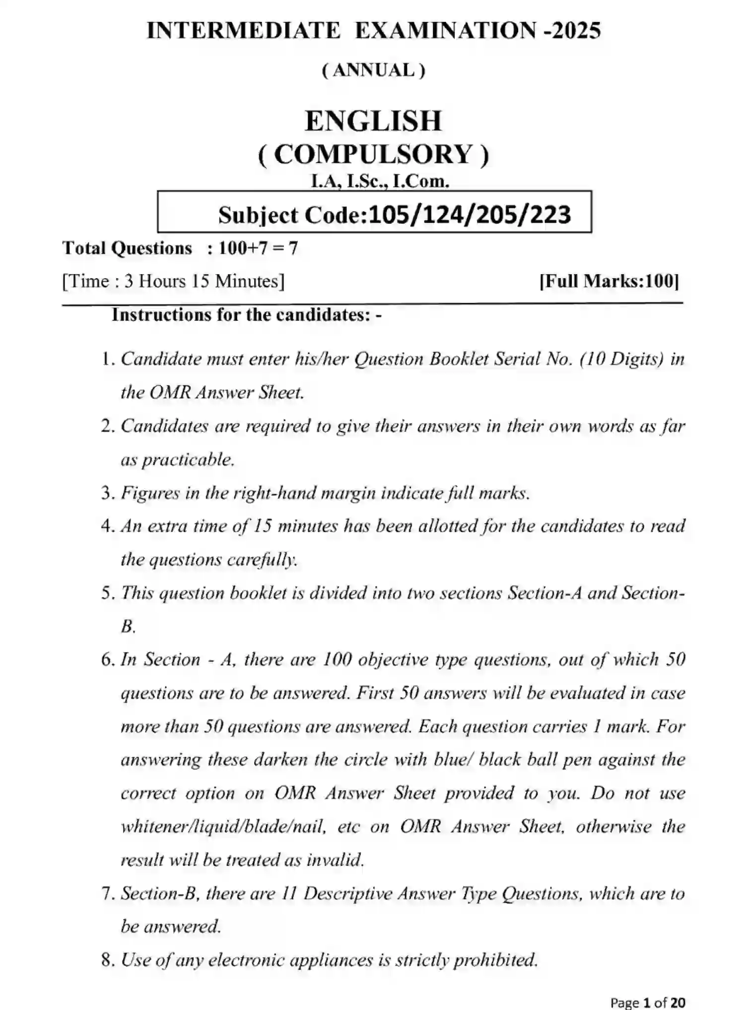 Bihar Board Class 2 2025 MODEL-PAPER-ENGLISH-105-124-205-223 Model Papers - Page 1