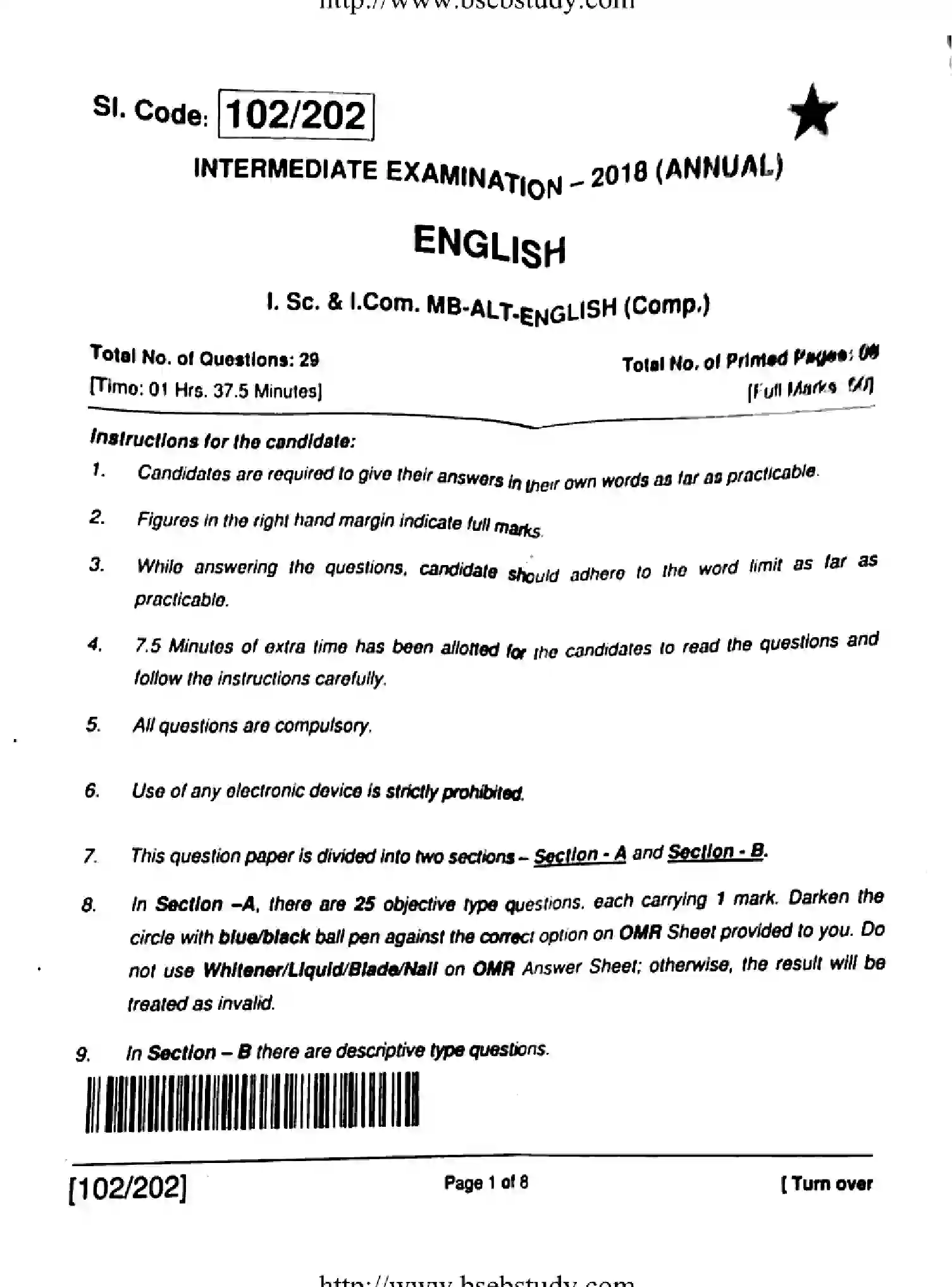 Bihar Board Class 2 2018 ENGLISH-102-202 Question Bank - Page 1