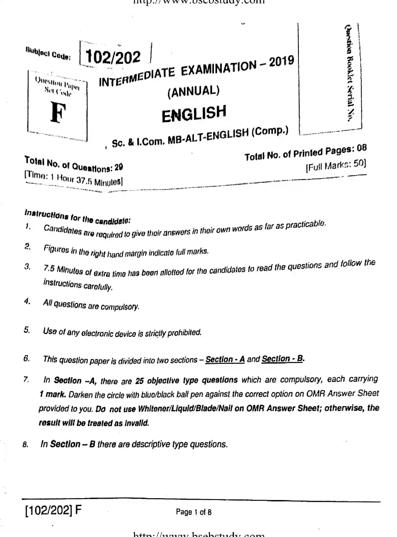 Bihar Board Class 2 2019 ENGLISH-102-202-F Question Bank - Page 1