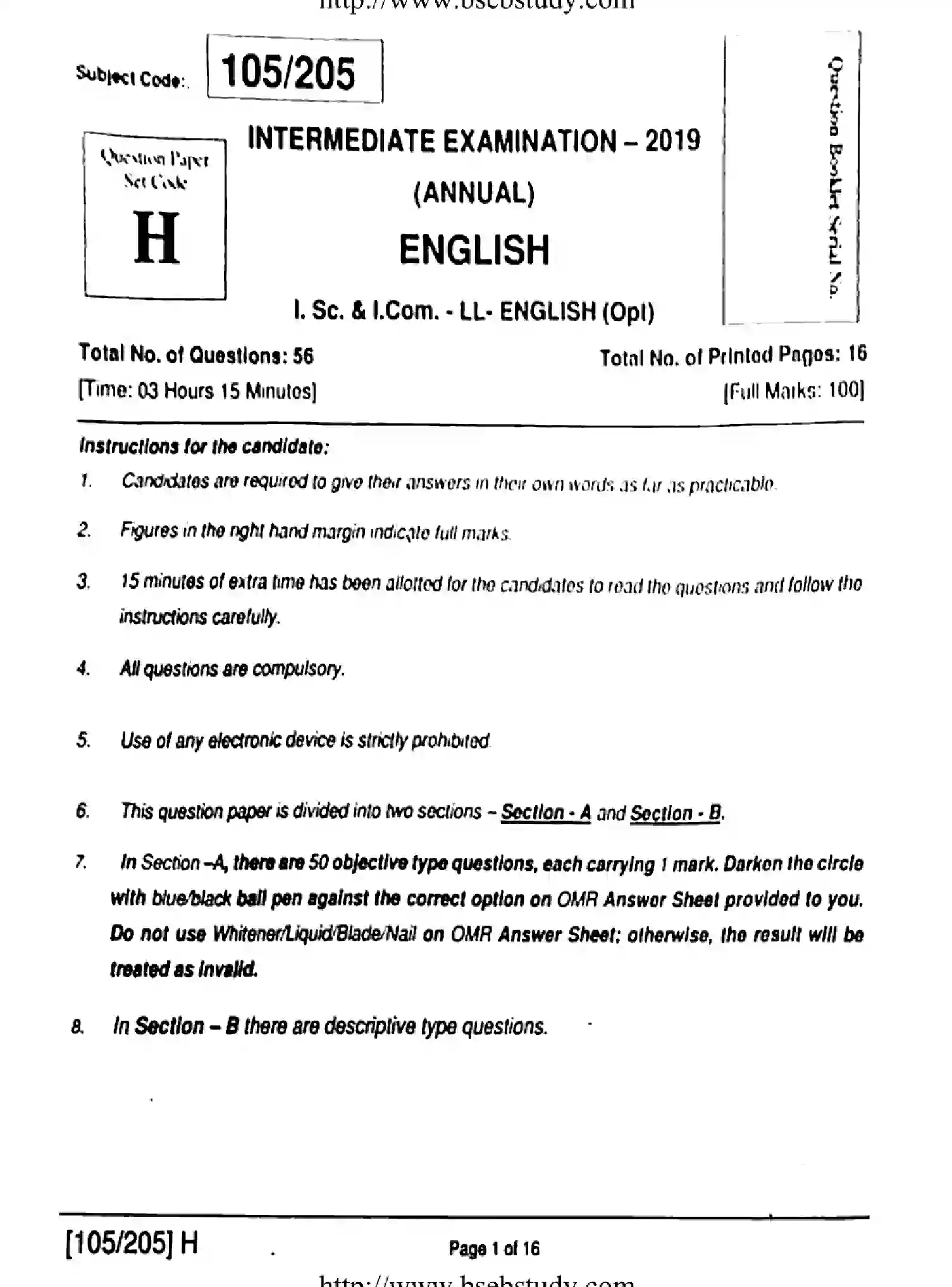 Bihar Board Class 2 2019 ENGLISH-105-205-H Question Bank - Page 1