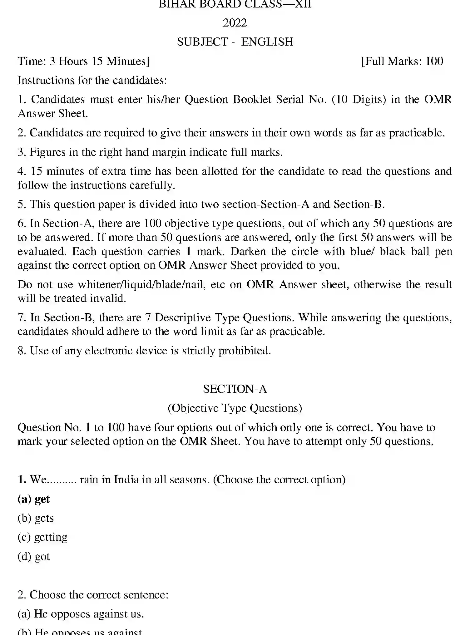 Bihar Board Class 2 2022 ENGLISH Question Bank - Page 1